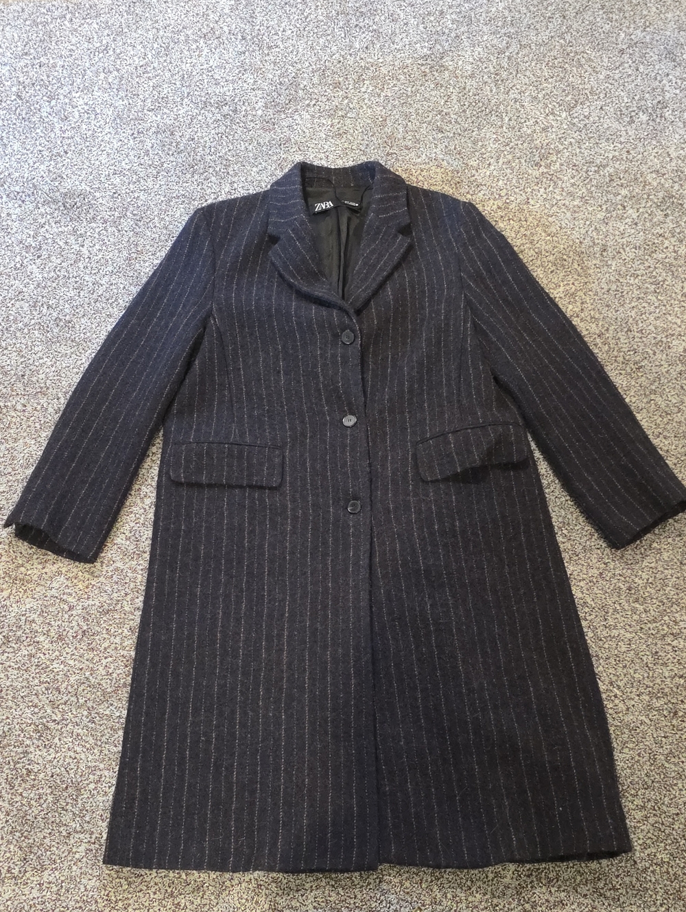Zara Women's Navy Pinstripe Long Coat